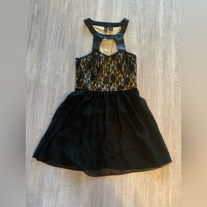 WINDSOR-Size 5-Black & Nude Lace Halter Mini Dress w/ Dbl Button Closure